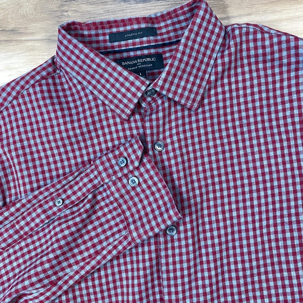 Banana Republic Flannel Shirt Mens L Gingham Cotton Athletic Fit Wrinkle Resist